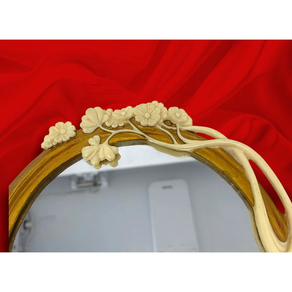 Art Nouveau Style Lady Hand Mirror Resin Vanity Mirror Gold Ivory Vintage 2004